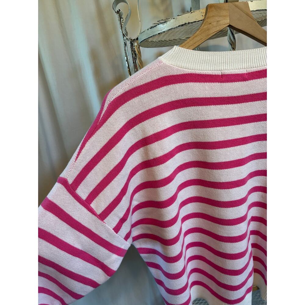 Vigosss Sweater Pink & White Striped Cotton Dolman Sleeves with White Ribbing Lg - Picture 4 of 9
